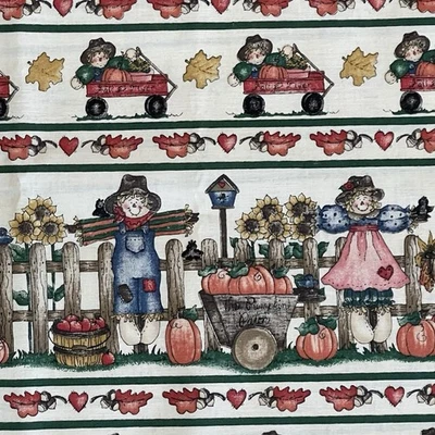Diana Marcum Pumpkin Patch Cotton Fabric Boy Girl Scarecrows Stripe Cotton - Image 1 of 4