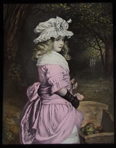 STUNNING Glass Magic Lantern Slide RAMONA MILLAIS GIRL EATING APPLE C1910 - Picture 1 of 2