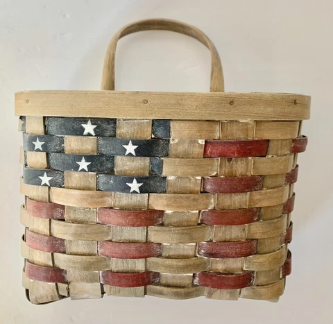 Vintage Small Woven Basket American Flag Handle for Hanging Cover