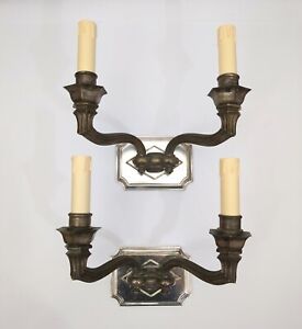 Pair Vintage Art Deco Heavy Silver Plate Base Wall Sconces Lighting. 