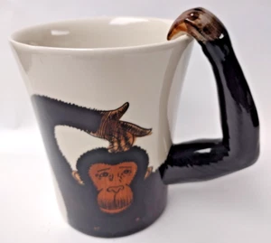 Pier 1 Monkey Hand Painted Stoneware Mug Cup 3D Chimp Ape Gorilla Arm Handle - Picture 1 of 5