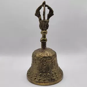 Vintage Heavy Ornate Decorative Brass Bell With Crown On Handle 6" Tall Tibetan - Picture 1 of 7