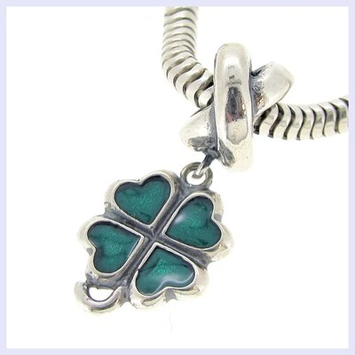 Cuentas de plata esterlina verde de cuatro hojas de esmalte de trébol para pulsera europea con dije Foto 1 de 2