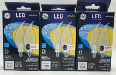 3PK GE Led CAC Blanco Suave ~ 60 vatios 500 lúmenes ~ 6 bombillas en total ~ ¡Acabado Transparente! Foto 1 de 2