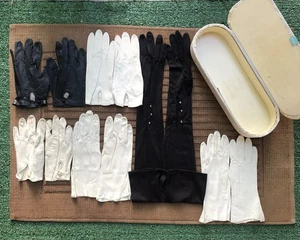 Estate Lot 6 Pair Vintage Gloves Leather, Satin Opera Gloves W/ Satin Box - Picture 1 of 15