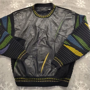Vintage 90’s Saxony Knit Leather Sweater Mens Large Coogi Style Biggie Smalls - Bild 1 von 12
