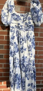 Vestido Abercrombie & Fitch Popelina Manga Abullonada Midi Fruncido Azul Blanco Floral Talla M - Imagen 1 de 9