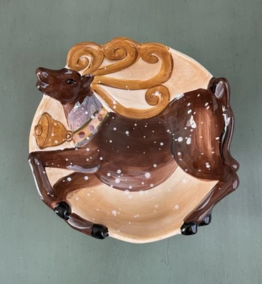Plato de vacaciones de Navidad de reno pintado a mano Dario Farrucci 6"" Foto 1 de 4