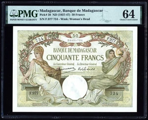 Madagascar 50 Francs 1937-47 P38 PMG Choice Uncirculated 64 - Picture 1 of 4