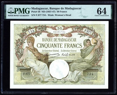 Madagascar 50 Francs 1937-47 P38 PMG Choice Uncirculated 64 - Image 1 of 4