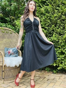 Vintage 1980s Party Dress Black Floaty Rouched Waist Strappy Dress Size 12 - Picture 1 of 7