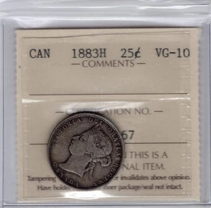 1883H Canada 25 Cents Silver Coin - ICCS VG 10 - Picture 1 of 2