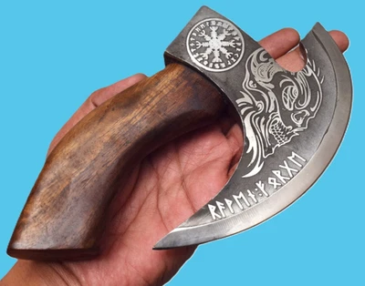 Custom Handmade Carbon Steel Viking Pizza Cutter With Wooden Handle# B-465 - Image 1 of 4