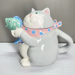 Fitz and Floyd Cat Holding Fish Teapot Ceramic Vintage 1987 1 1/2 Quart - Picture 1 of 13