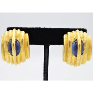 Givenchy Vintage Cabochon Clip On Earrings Brushed Gold Blue Chunky Signed BinX - Picture 1 of 12