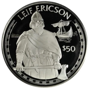 COOK ISLANDS $50 1988 prueba de plata 'Great Explorers - Leif Ericson & Ship' - Imagen 1 de 2