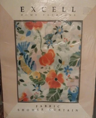 全新 Excell Home Fashions 淋浴帘 花卉 热带鸟类 印花织物  — 第 1/4 张图片