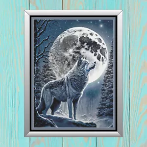 Grauer Wolf im Mondlicht großer Wintermond gezählt Kreuzstichmuster Diagramm Raster - Bild 1 von 11