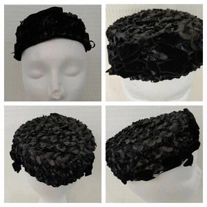 Vintage Black Straw Pillbox Hat with Velvet Bows - Picture 1 of 8