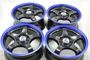 Set of 4 New 15x6.5 DDR Fuzion Black Blue Lip 15" Rims Wheels 4x100 4x114.3 - Bild 1 von 3