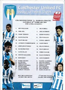 COLCHESTER UNITED V OLDHAM ATHLETIC LEAGUE ONE 20/2/2010 TEAMSHEET - Bild 1 von 1
