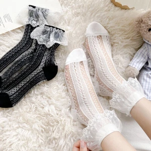 2 Pairs Women Lace Ruffle Socks Ankle Frilly Bowknot Semi-sheer Lolita Princess - Picture 1 of 16