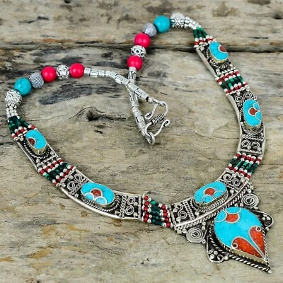 Collana Unica In Argento Sterling 925 Turchese E Corallo Gioielli Nepalesi - Immagine 1 di 4