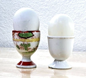 2 Antique Glass Eggs Japanese Geisha Gold Ring Porcelain Rice Cups Early 1900s - Picture 1 of 19