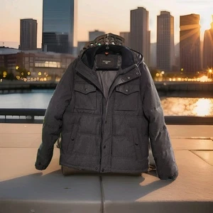 Dockers Size S Heavy Puffy Jacket Coat Heather Gray Very Warm Hood Snow Winter - Picture 1 of 15