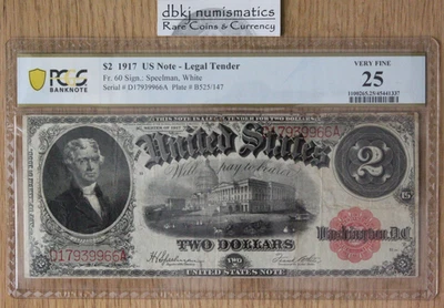1917 $2 Legal Tender Red Seal Fr60 PCGS Very Fine 25 Minor Rust, Small Edge Tear - Image 1 of 2