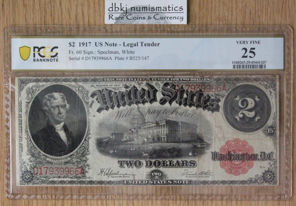1917 $2 Legal Tender Red Seal Fr60 PCGS Very Fine 25 Minor Rust, Small Edge Tear - Image 1 of 2