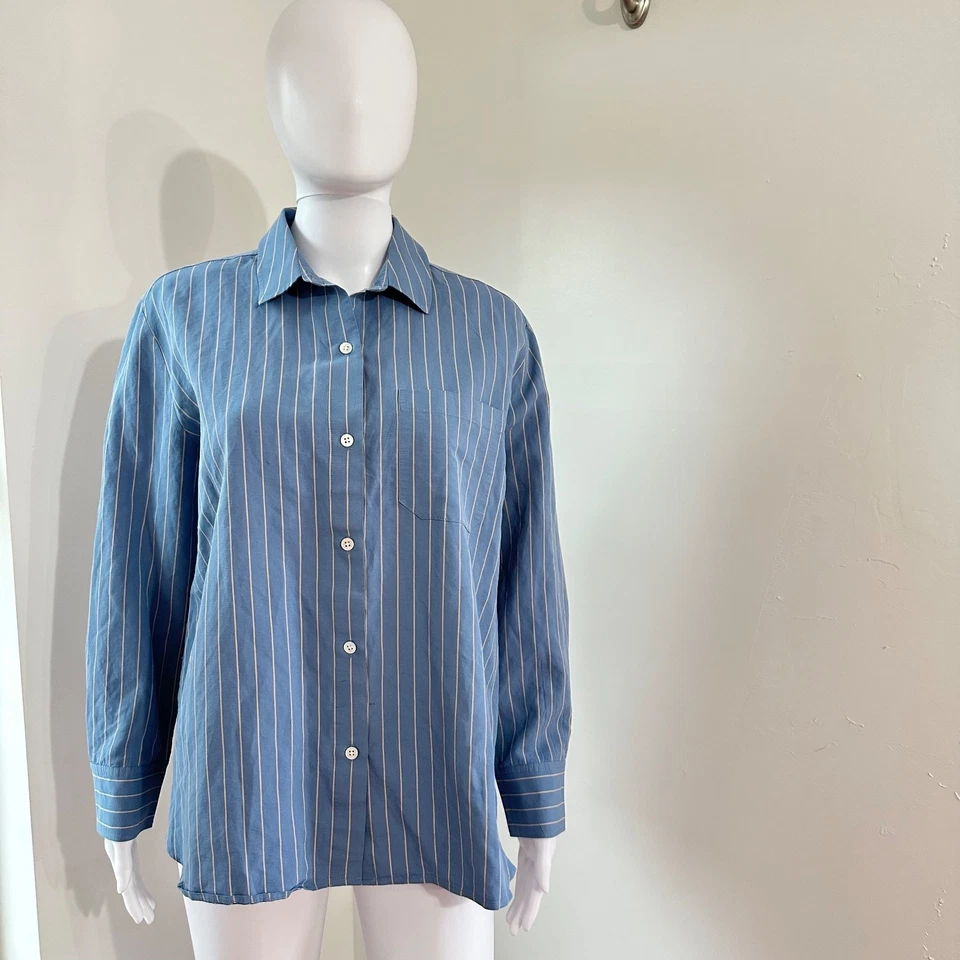 Jenni Kayne 尺寸 L 纽扣条纹经典衬衫上衣极简主义现代主义蓝色 — 第 1/4 张图片