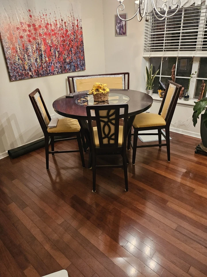 Round Wooden Dining Table Set with 3 Padded Chairs & 2 Seater Bench - Image 1 of 4