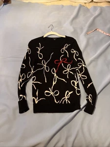 ANN TAYLOR Wool Blend Sweater Small Black w/Bow Design White Red Long Sleeve EUC - Picture 1 of 6