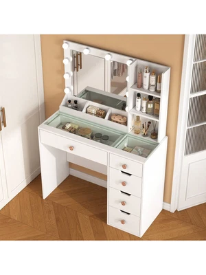 Penteadeira com luzes espelhadas maquiagem branca tampo de vidro 5 gavetas 3 prateleiras - Imagem 1 de 4