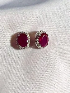 14k white gold Ruby halo earrings  Red Rubbies, White diamonds - Picture 1 of 9