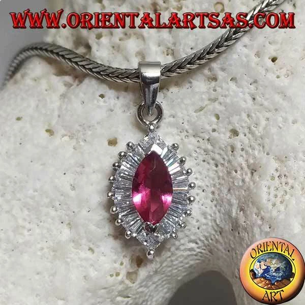 Ciondolo Argento 925‰ rubino di sintesi a navetta con zirconi a baguette e tondi - Immagine 1 di 1