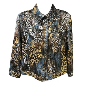Ruby Rd. Jacket Shiny Brown Blue Button Front Stretch Petite 12P Animal Print - Picture 1 of 13