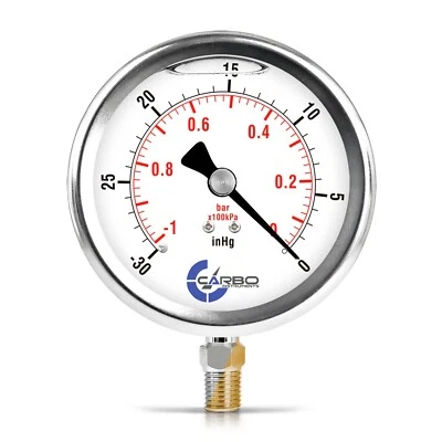 4" Vacuum Gauge, Stainless Steel Case, Liquid Filled, Lower Mnt -30 Hg/0 - Image 1 of 4