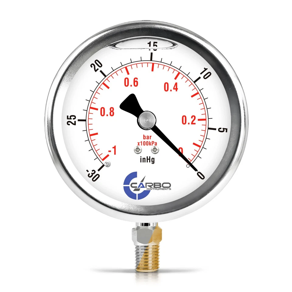 4" Vacuum Gauge, Stainless Steel Case, Liquid Filled, Lower Mnt -30 Hg/0 - Image 1 of 4