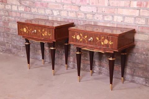 French Art Deco Macassar Ebony Inlaid Marquetry Nightstands, Circa 1950s Cover