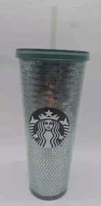 Starbucks 24 Oz Silver/Green Sequin Shiny Iridescent Cold Cup Tumbler Excellent - Picture 1 of 7