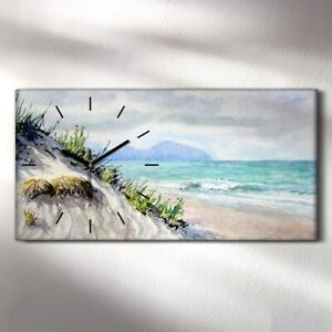 Wandkunst Leinwand Bild Uhr 60x30 Gemälde Küste Strand Meer Sand Natur