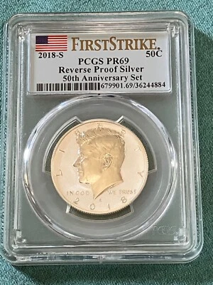 2018-S Silver Kennedy Half Reverse Proof 69.. FIRST STRIKE FLAG LABEL - Image 1 of 4