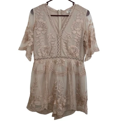 Umgee USA Blush Pink Boho Sheer Mesh Floral Embroidered Peasant Top M Flutter S - Image 1 of 4