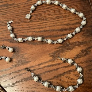 3 PCS set BALI Sterling Silver Pearl &crystal 17"NECKLACE 7.5 BRACELET EARRINGS - Picture 1 of 10