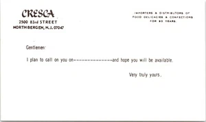 Tarjeta postal Cressa Food Delicacies Confections Importers 1974 North Bergen NJ - Imagen 1 de 2