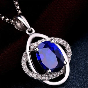 925 Sterling Silver Sapphire Blue Oval Ring Necklace Women Girls Jewellery Gift - Picture 1 of 11