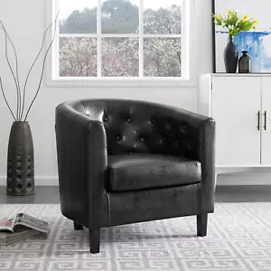Emma Accent Chair, Button Tufted Faux Leather Barrel Chair, Midcentury Modern Ac - Picture 1 of 9