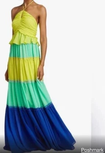 One 33 Social Women's Size 4 Yellow Blue Green Block Halter Ruffle Maxi Dress - Picture 1 of 12